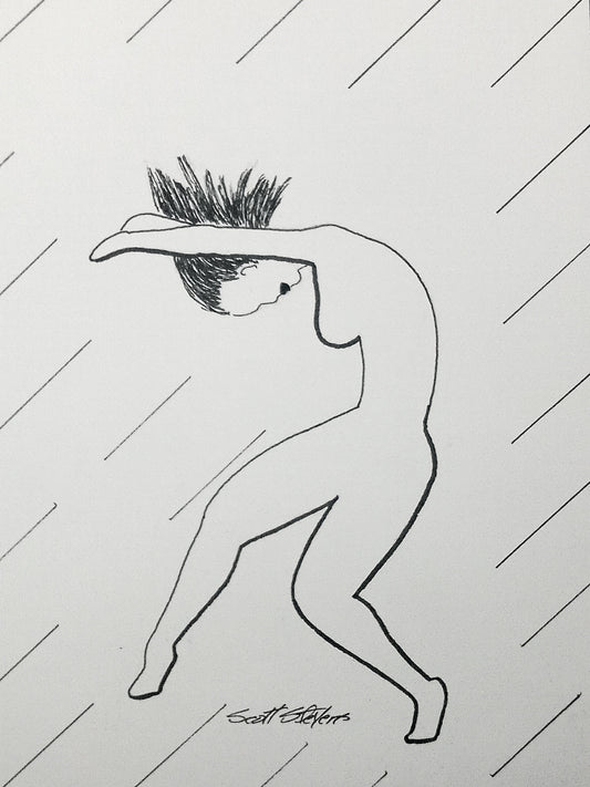 Print of an original pen and ink drawing of a nude dancer, bending forward in clm surrender, her form expressing both humility and discipline.